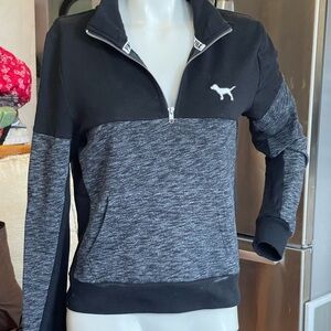 Victoria Secret PINK Quarter Zip Black Grey Colorblock Pullover Logo